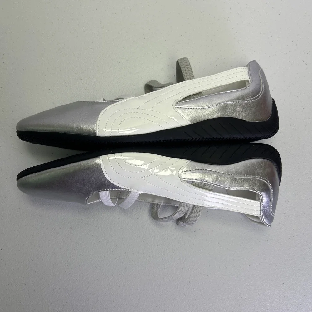 iiimmu Silver Ballet Flat Sneakers Women Size 8.5 NIB Metallic Mary Jane Straps